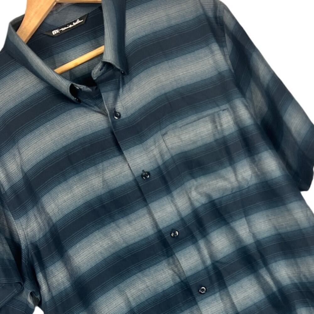 TRAVIS MATHEW Men's L Blue Gray Striped A‎ Okay Button-Up Pocketed Casual Shirt
